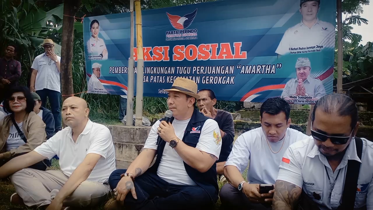 Aksi Nyata Partai Perindo di Buleleng . Kegiatan bersih bersih di Tugu Perjuangan Desa Patas yang terbengkalai , hingga penyerahan sembako dan kursi Roda