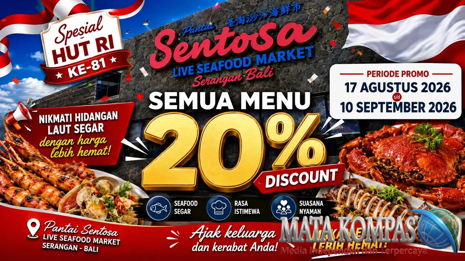 Semarak HUT ke-81 RI, Sentosa Seafood Serangan Tawarkan Diskon 20 Persen untuk Semua Menu