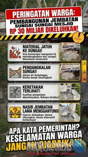 Nasib Jembatan Lama Menggantung,Keretakan Dan Material Jatuh Ke Sungai Proyek Jembatan Sungai Masjid Di Keluhkan