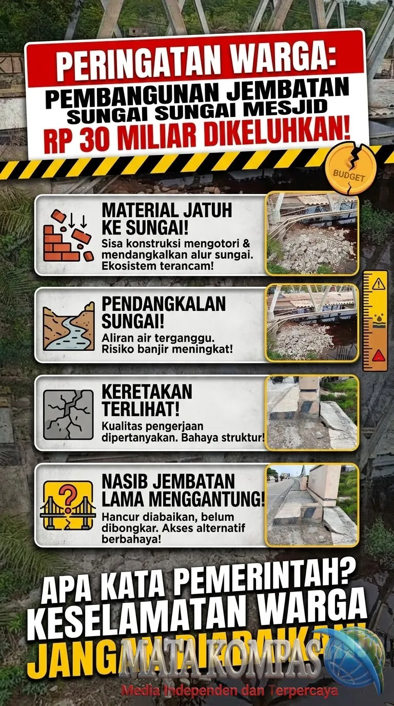 Nasib Jembatan Lama Menggantung,Keretakan Dan Material Jatuh Ke Sungai Proyek Jembatan Sungai Masjid Di Keluhkan