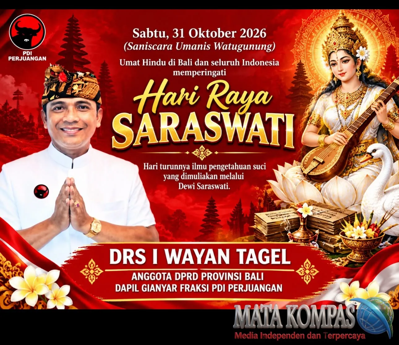 Hari Raya Saraswati 2026, Tagel Winarta Ajak Umat Hindu Jadikan Ilmu Pengetahuan sebagai Pedoman Hidup